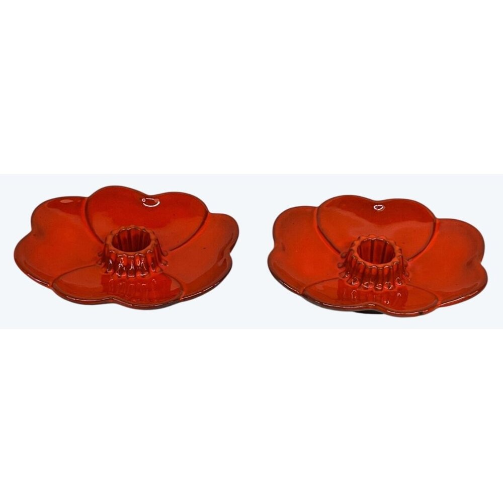 2 Frankoma 300 Flame Red Orange Brown Candlestick Holders